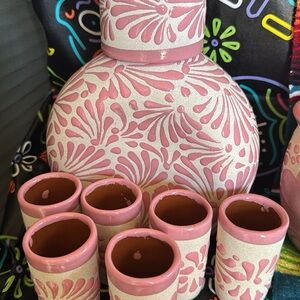 Handcrafted Pink Floral Ceramic Decanter Set with Shot Cups